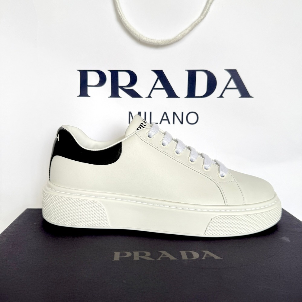 Prada 1E621M Womens Macro Logo White/Black Leather Low Top Sneakers shoes Eur 39 - Picture 2 of 11